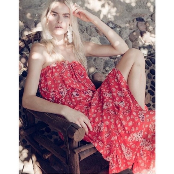 NEW MISA Los Angeles Halter Neck Ruffle Tiered Floral Maxi Dress Red Boho Summer - Picture 10 of 16